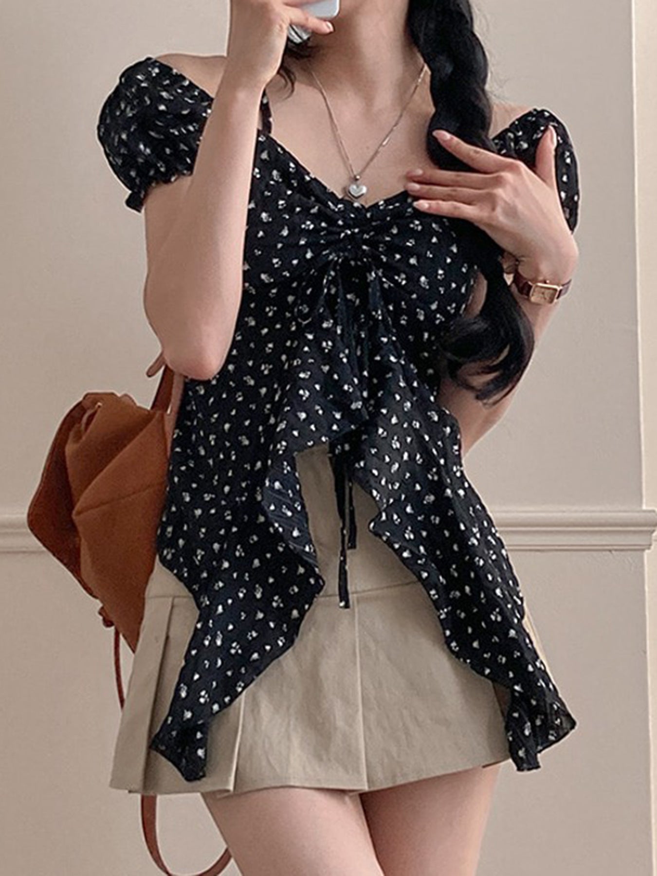 Polka Dot Bubble Sleeve Halter Irregular Tie Top Women's Slim T-Shirt