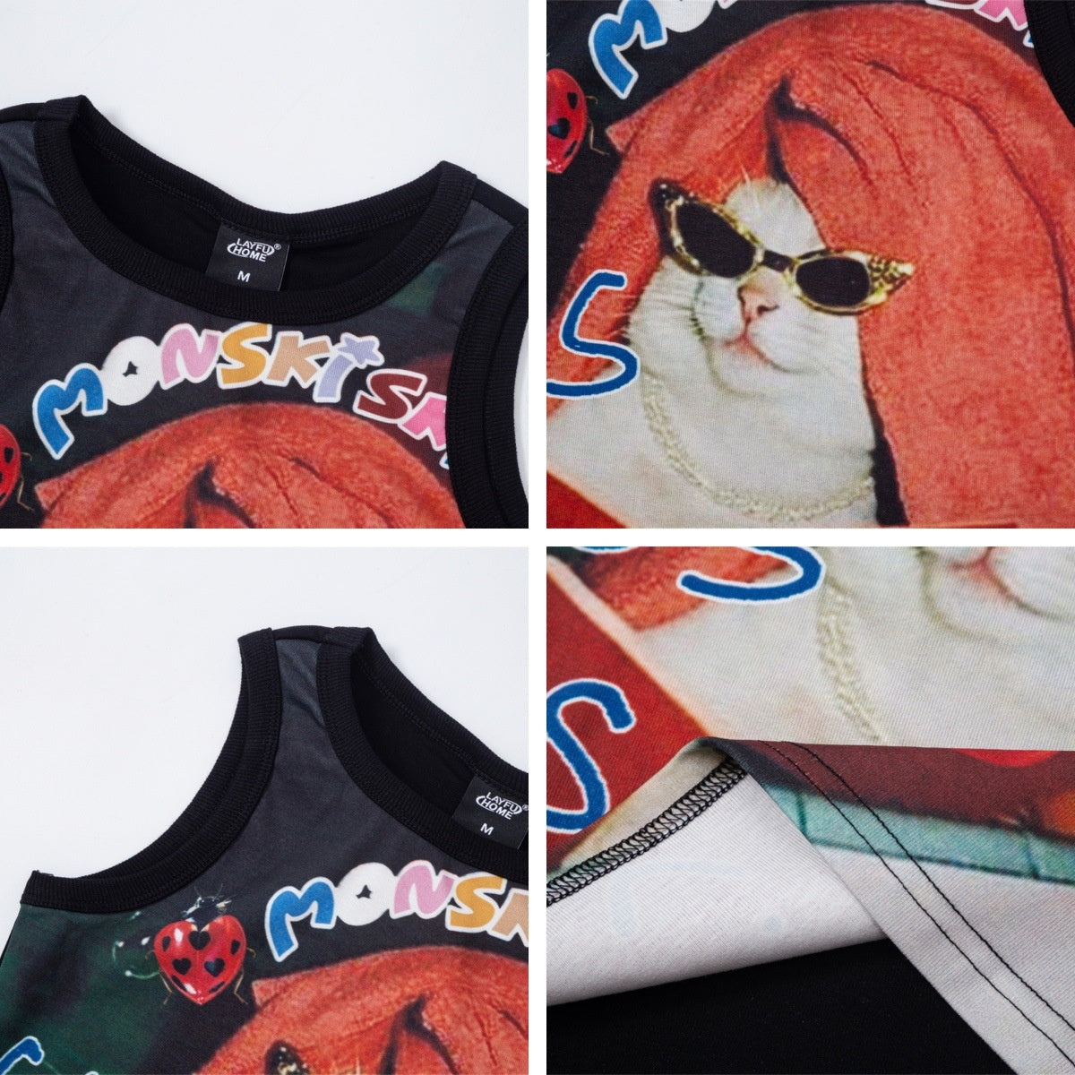 Cartoon Cat Print Tank Top Women Summer Slim Fit Versatile BF Style Undershirt Sleeveless Outerwear