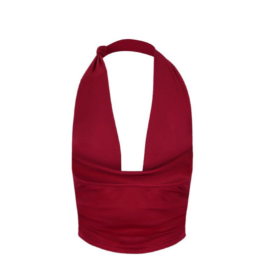 V-neck Halter Pleated Backless Crop Top