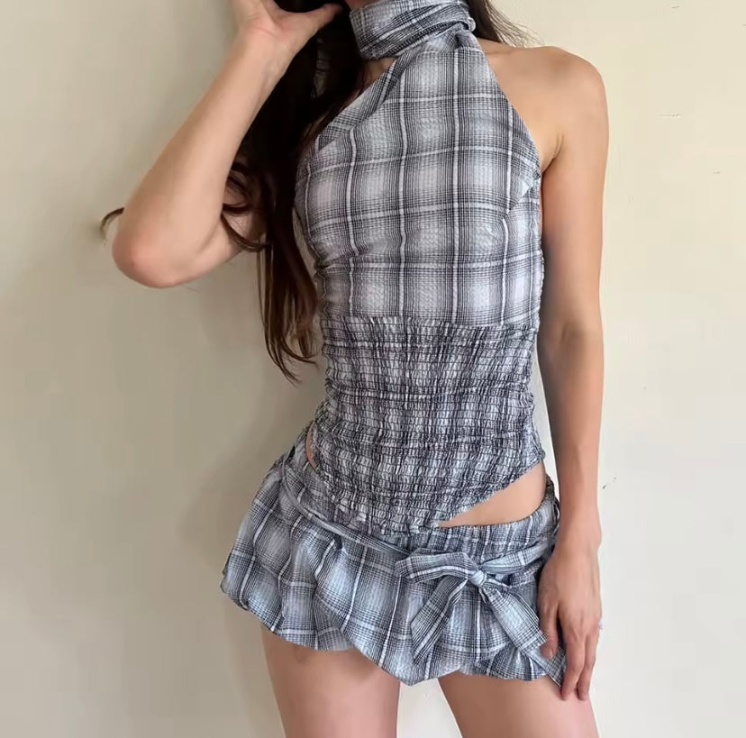 Women's Clothing INS Halter Plaid Top + Skirt Set