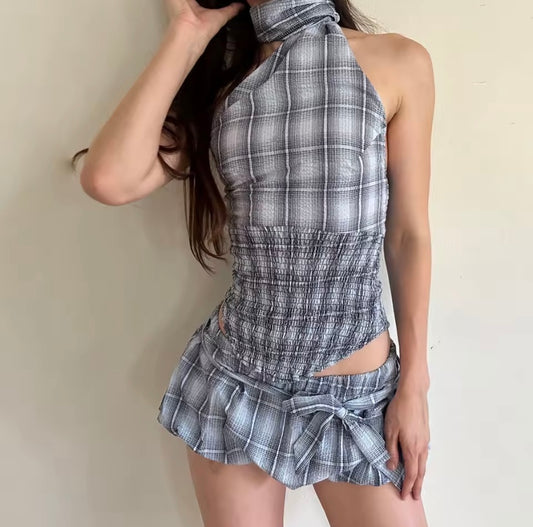 Women's Clothing INS Halter Plaid Top + Skirt Set