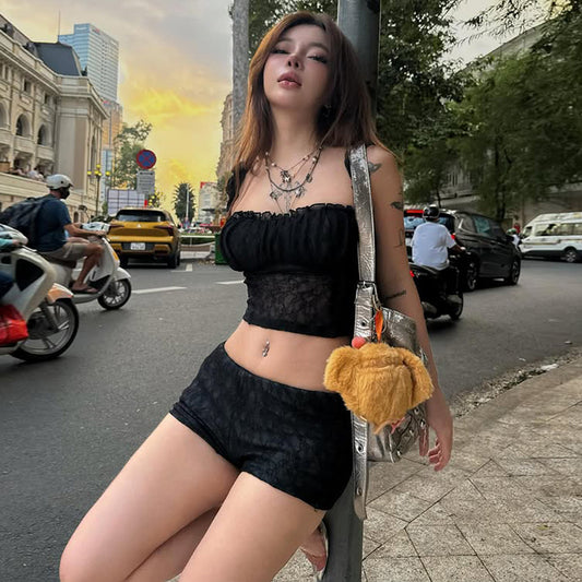 Lace hollow square neck bubble sleeve slim fit top solid color shorts