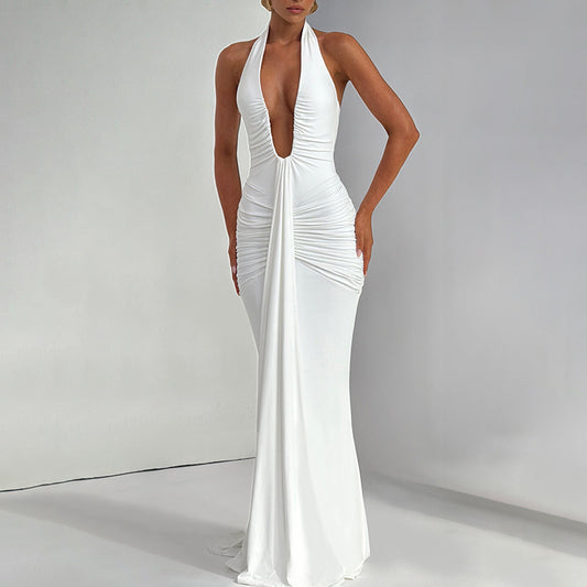 Women's Pure Color Halter Sleeveless Backless Sexy Dress