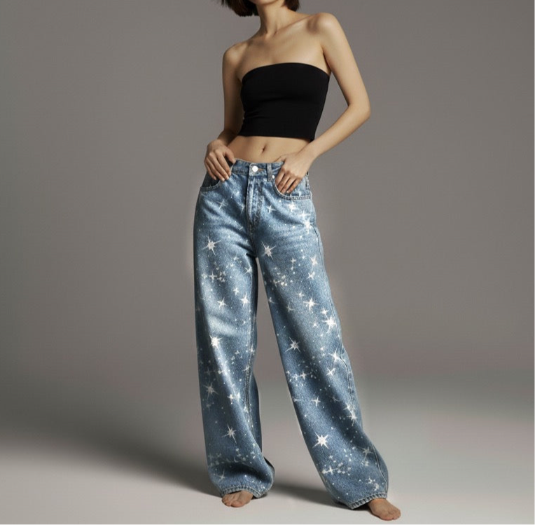 Washed Rhinestone Star Print Jeans