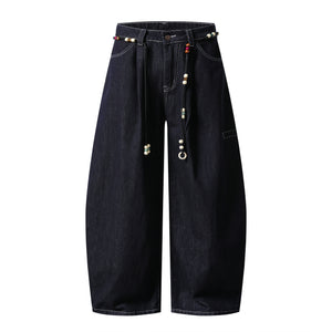 Retro Unique Design Beaded Waist Cord Flared Denim Pants Unisex Loose Slimming Versatile Wide Leg Long Trousers