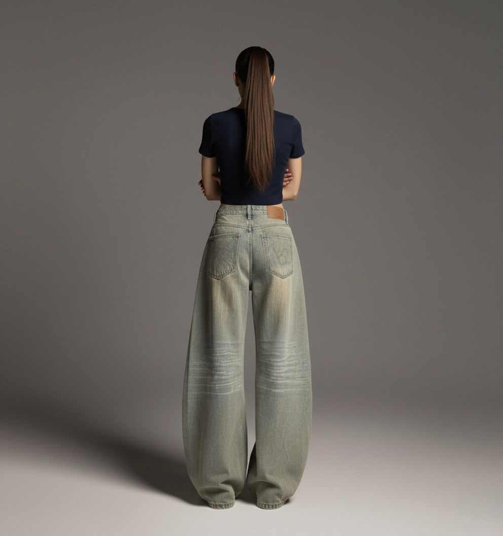 Vintage distressed dirty dyed curved knife jeans