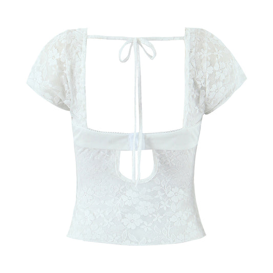 Lace fungus bow sexy perspective T-shirt