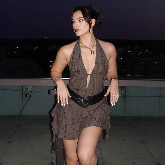 Streetwear Wasteland Style Sexy Off-the-Shoulder Irregular Strapless Backless Dress Deep V-Neck Distressed Mini Skirt