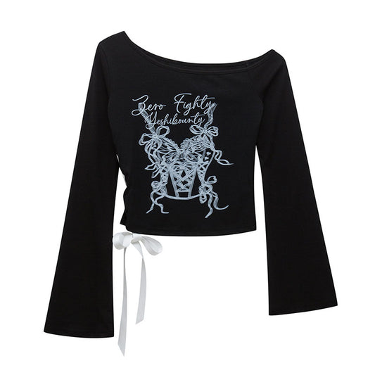 Butterfly Knot Printed Off-the-Shoulder Long Sleeve T-Shirt Women's Design Fitted Slim Shoulder-Baring Top Trendy