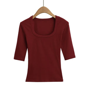 Elastic Fitted U-neck Lockbone Mid-sleeve Tee Shirt
