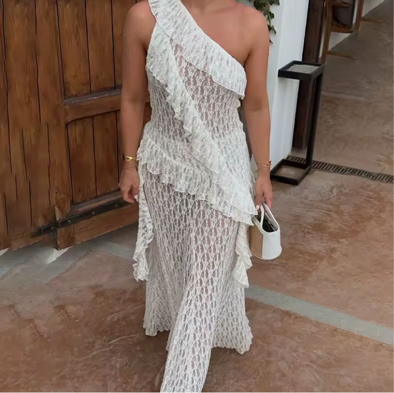 Asymmetric Lace Top + Skirt Set for Women