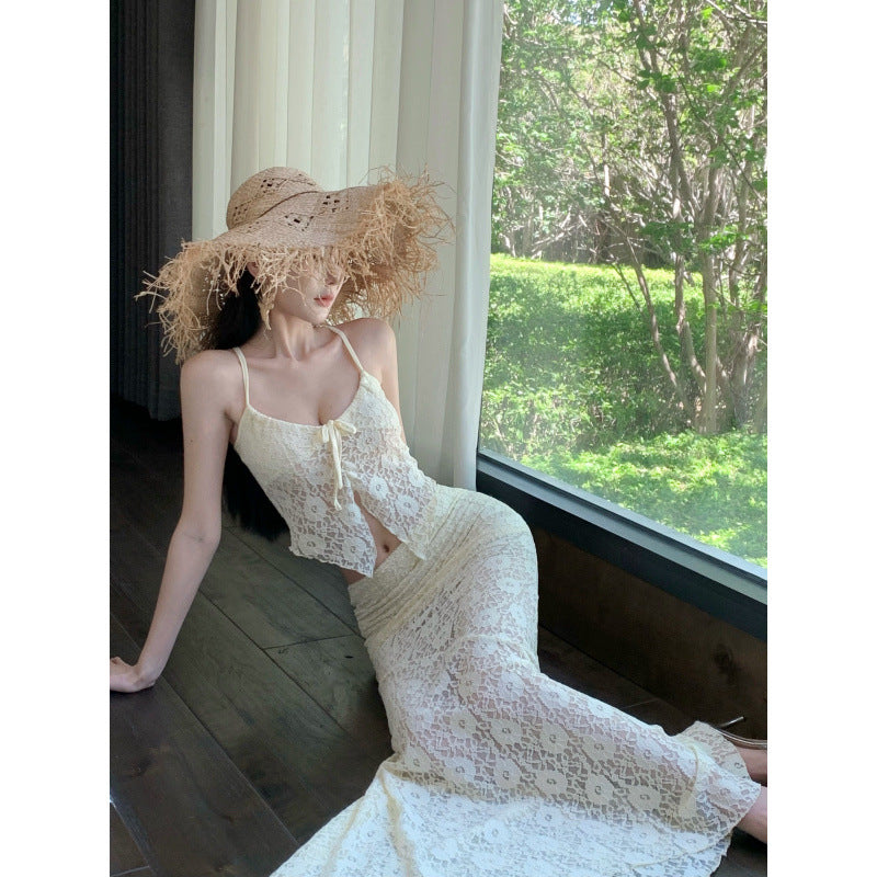 Charming Off-White Fitted Sheer Lace Strapless Skirt Set