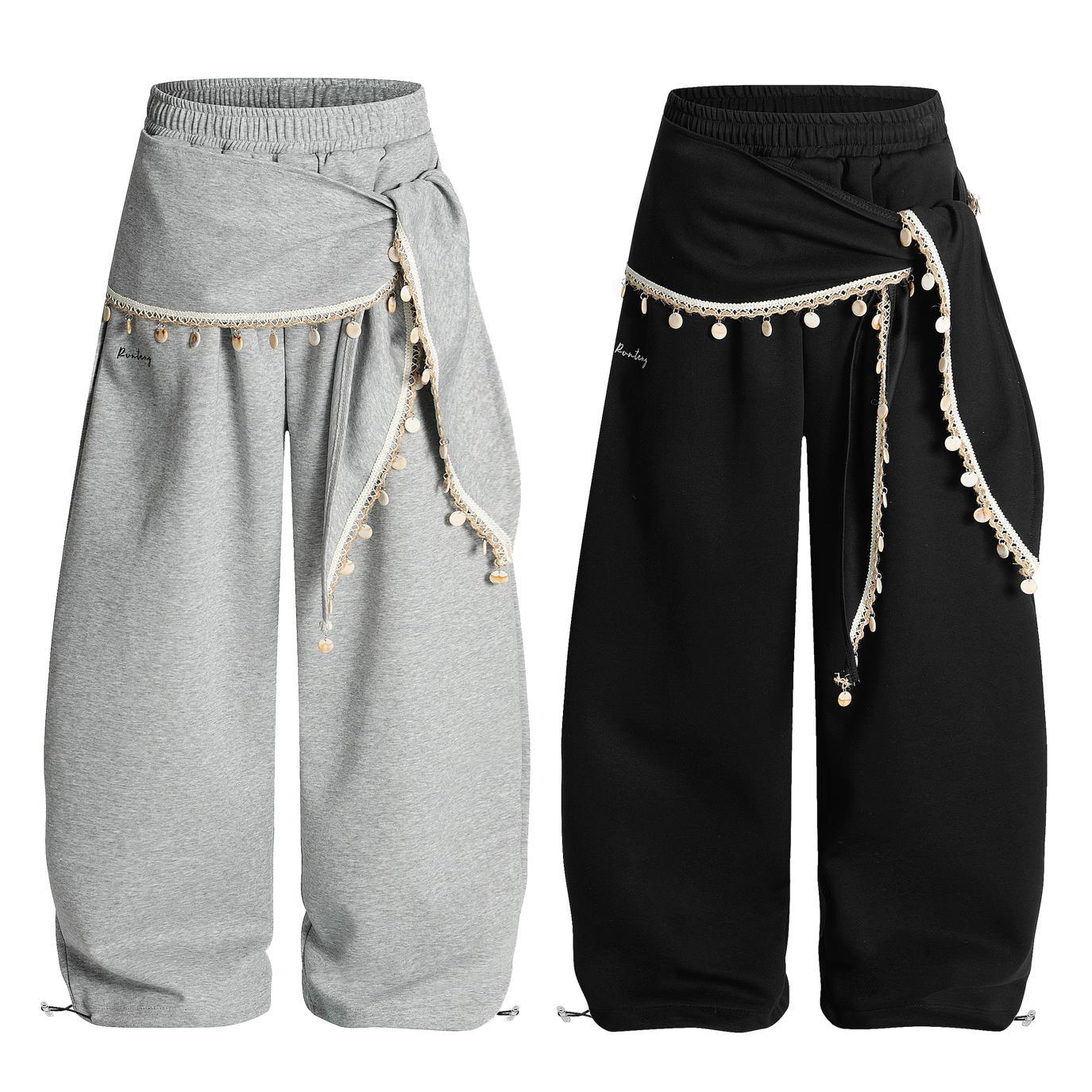 Lace fart curtain layered on sweatpants