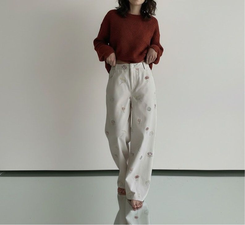Sweet and Lovely Embroidered White Straight Loose Denim Pants for Women