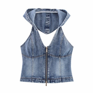 Women's Hollow Back Hooded Denim Shirt