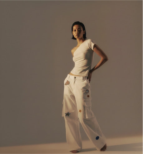 Large pocket embroidered workwear casual pants