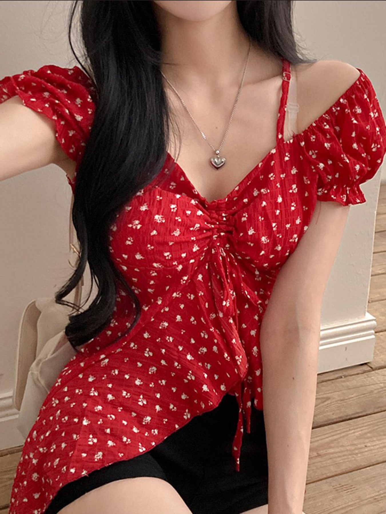 Polka Dot Bubble Sleeve Halter Irregular Tie Top Women's Slim T-Shirt