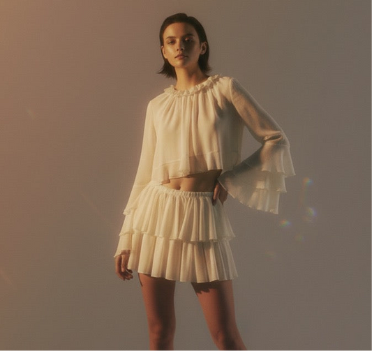 Women's Clothing Ruffled Chiffon Blouse and Skirt Two-Piece Set