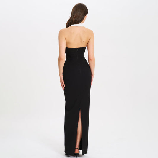 Hanging neck and lapel long skirt sexy V-neck slim fit backless dress