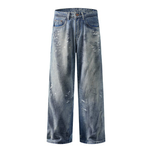 Washed Distressed Design Denim Pants