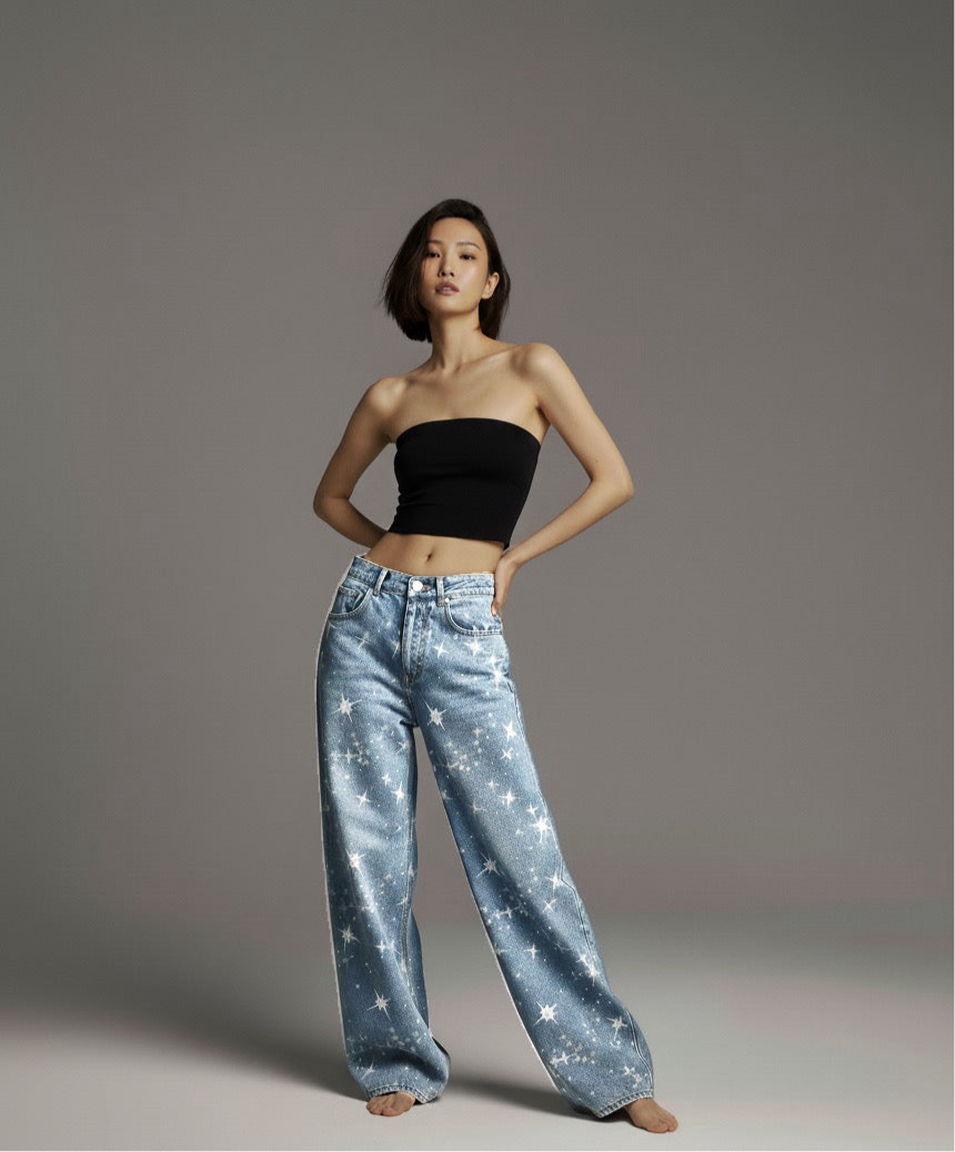Washed Rhinestone Star Print Jeans