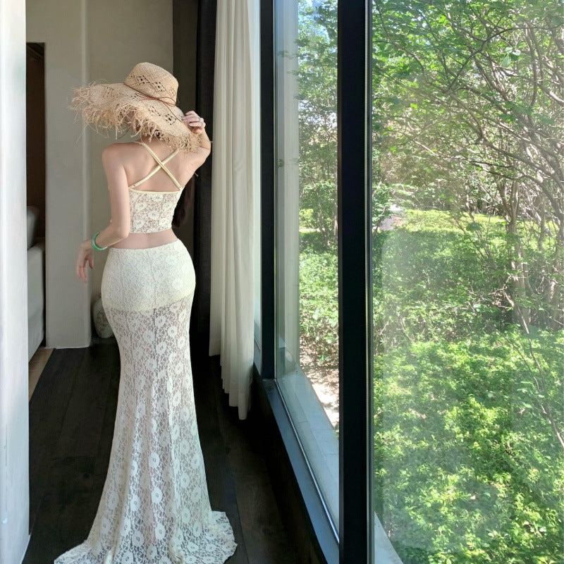 Charming Off-White Fitted Sheer Lace Strapless Skirt Set