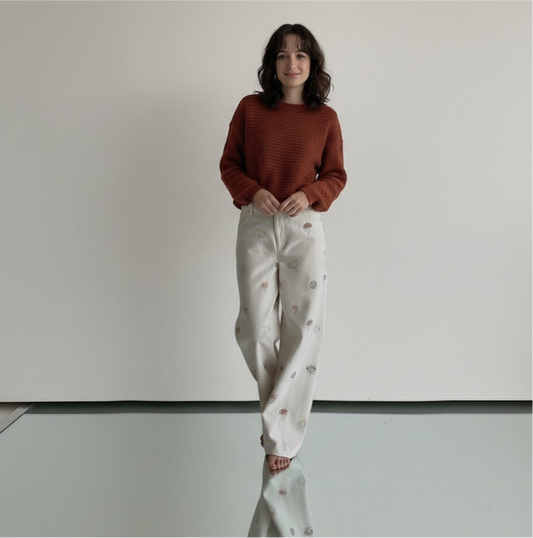 Sweet and Lovely Embroidered White Straight Loose Denim Pants for Women