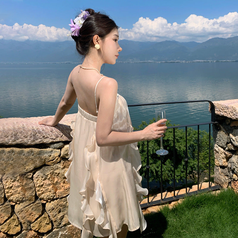 French Satin Sweet Dress Women's Princess Outing Summer Beautiful Strapless Mini Dress