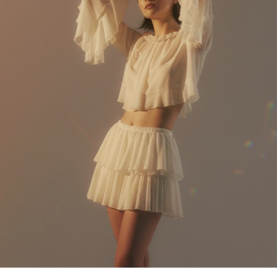 Women's Clothing Ruffled Chiffon Blouse and Skirt Two-Piece Set