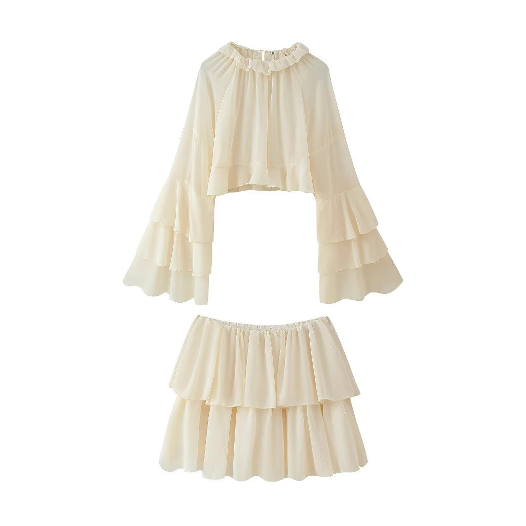Women's Clothing Ruffled Chiffon Blouse and Skirt Two-Piece Set