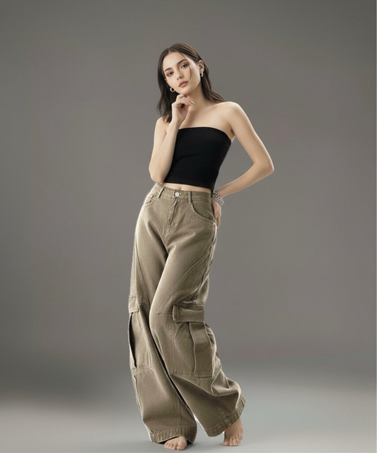 Retro multi pocket deconstructive curved knife jeans