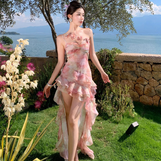 Vacation Style Irregular Hem Leaf Edge Short Dress Strapless Skirt