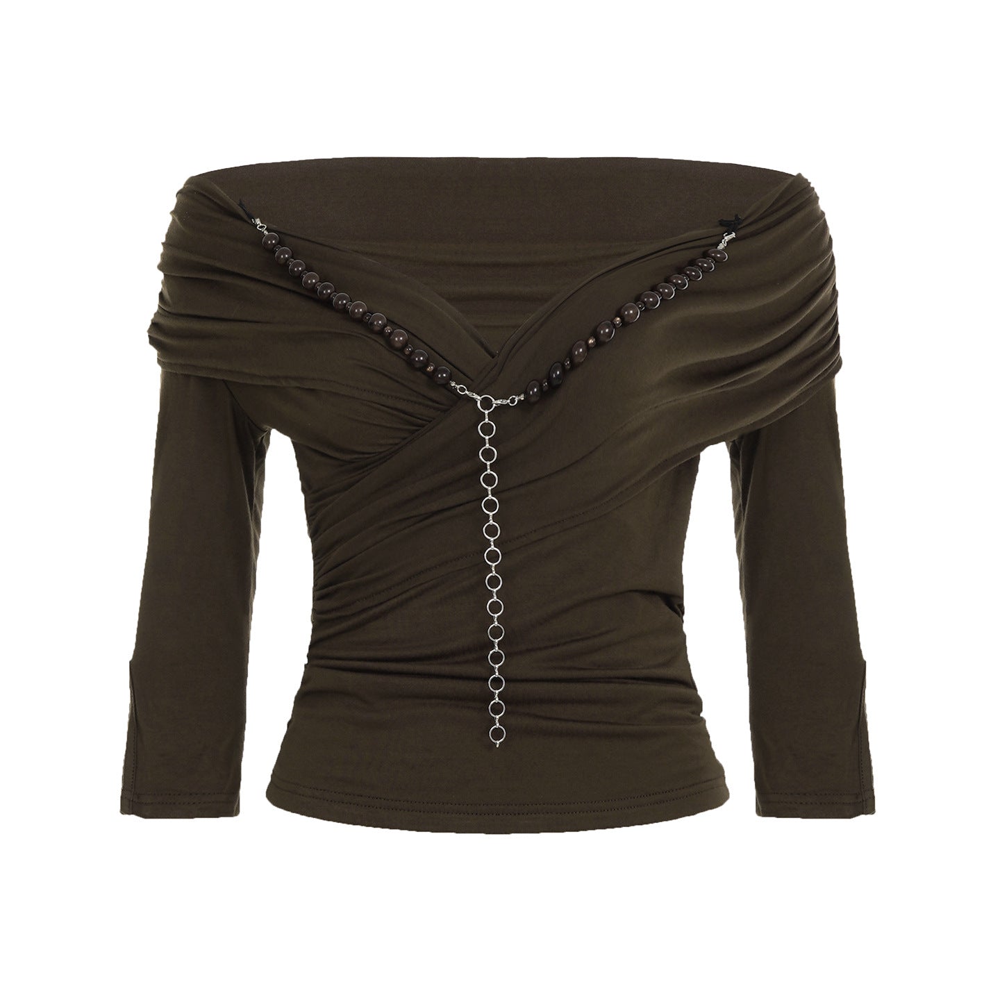 Slim fit V-neck pleated long sleeved T-shirt