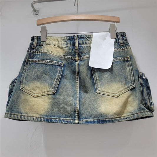 Design Sense Three-Dimensional Zipper Pocket Sweet and Spicy Girl Workwear Denim Short Skirt Women High-Waisted A-Line Skirt