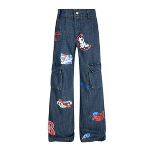 Printed graffiti funny multiple pockets loose jeans