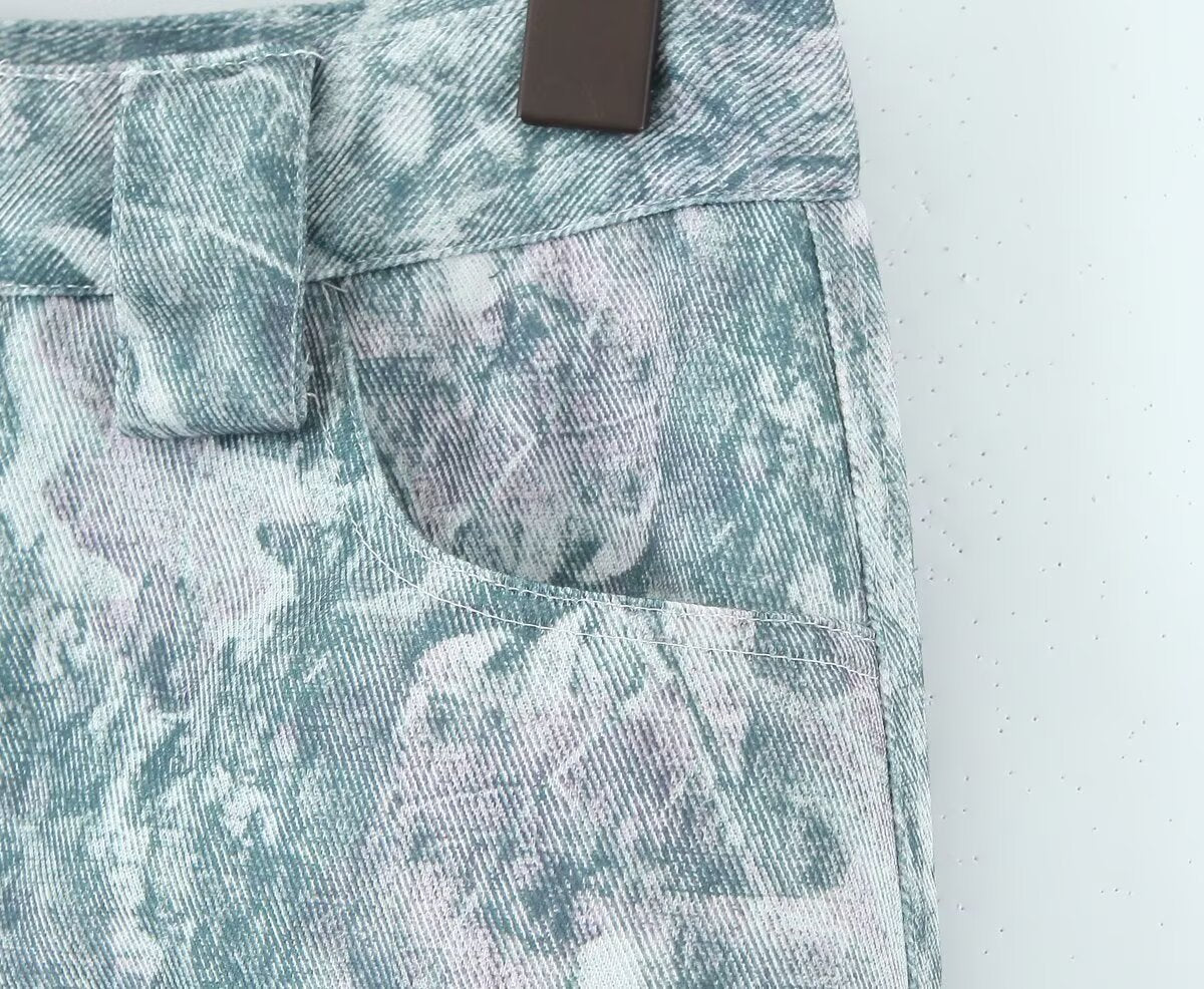 Fashionable pocket workwear low waisted pants denim printed pants