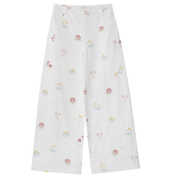 Sweet and Lovely Embroidered White Straight Loose Denim Pants for Women