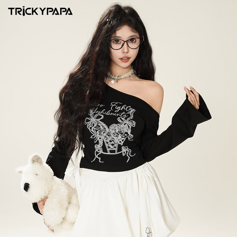 Butterfly Knot Printed Off-the-Shoulder Long Sleeve T-Shirt Women's Design Fitted Slim Shoulder-Baring Top Trendy
