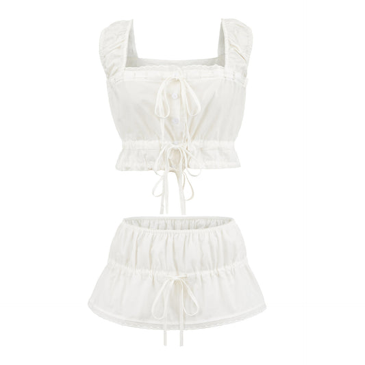 Women's Clothing Lace Trim Bow Drawstring Top + Short Skirt Pants