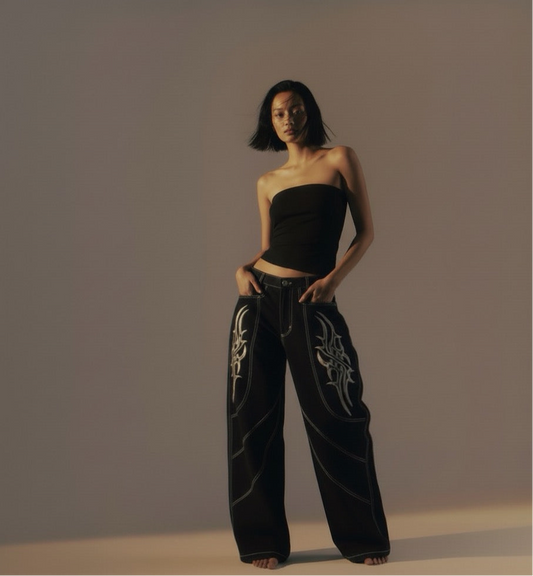 Wide Leg Long Pants Thorns Embroidery Loose Floor-Length Denim Pants Unisex Trendy