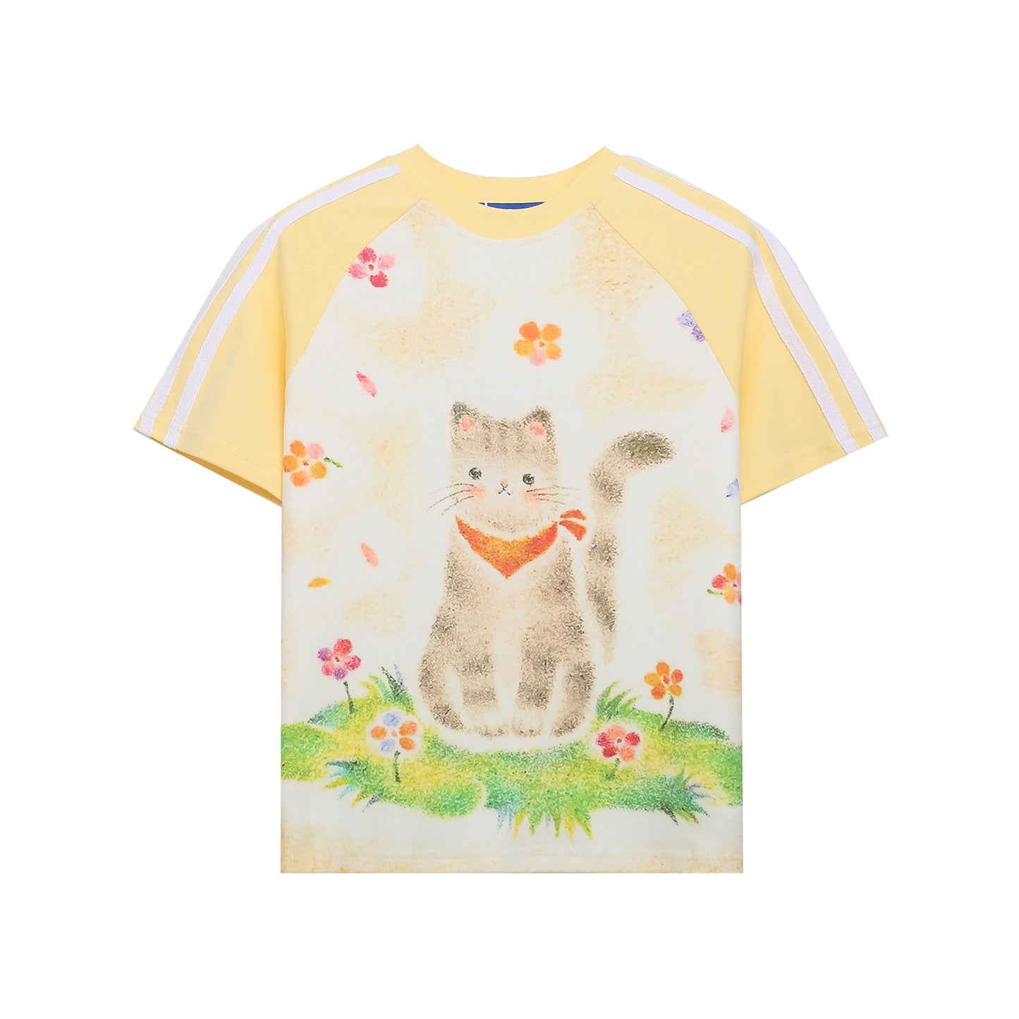 Retro Colorblock Cat Print Short Sleeve T-Shirt Women's Summer Raglan Slim Fit Cropped Spicy Top