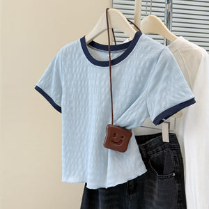 Style Short T-Shirt Women's Slim Fit Korean Version Base Layer with Wooden Edge Half Sleeve Top