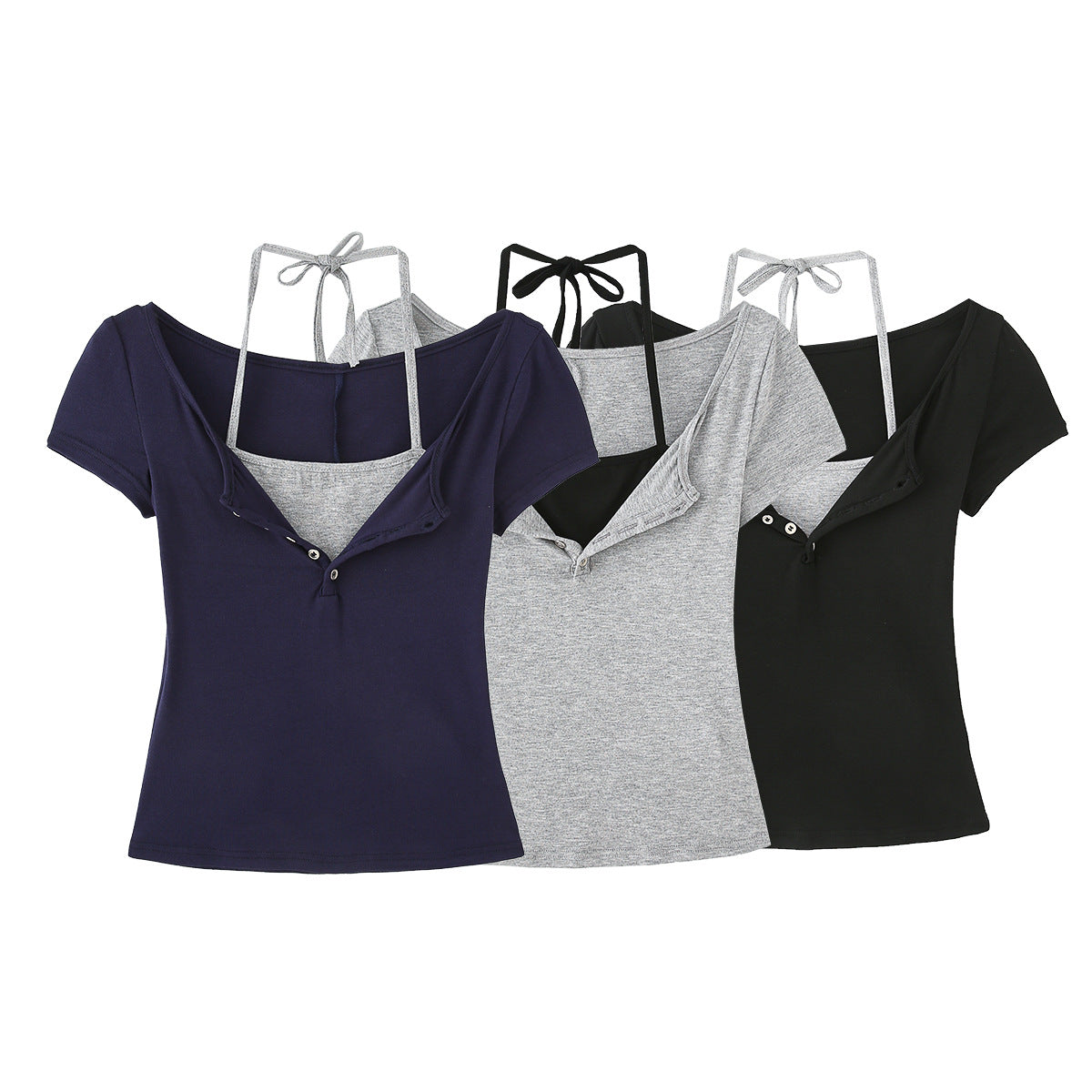 Fake Two-Piece Halter Tie Slim Fit Short Sleeve Top for Women