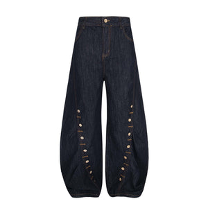 High Street Pleated Button Decorated Flared Denim Pants Unisex Loose Wide Leg Straight Long Trousers