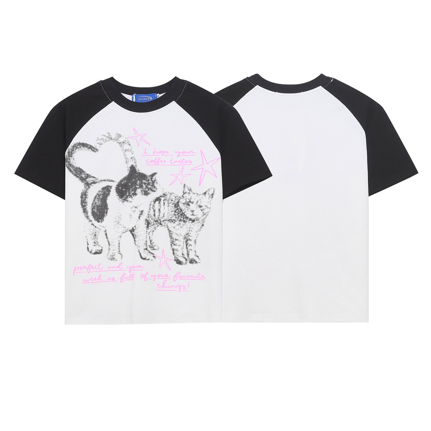 Retro Cat Print Raglan Short Sleeve T-Shirt Women's Slim Design Sense Unique Short Length Spicy Girl Top