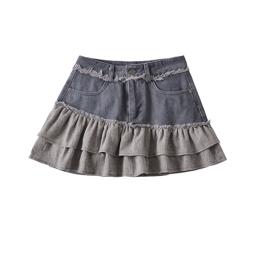 High Waist Washed Raw Hem Denim Spliced Skirt with Lining A-Line Mini Skirt
