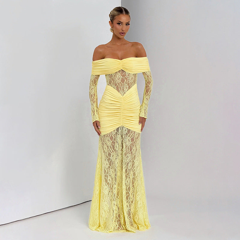 Women's Summer Lace Splicing One-Shoulder Slit Long Sleeve Dress