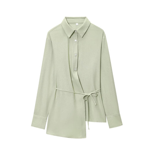 Women's Clothing Linen Long Sleeve Asymmetric Hem Blouse