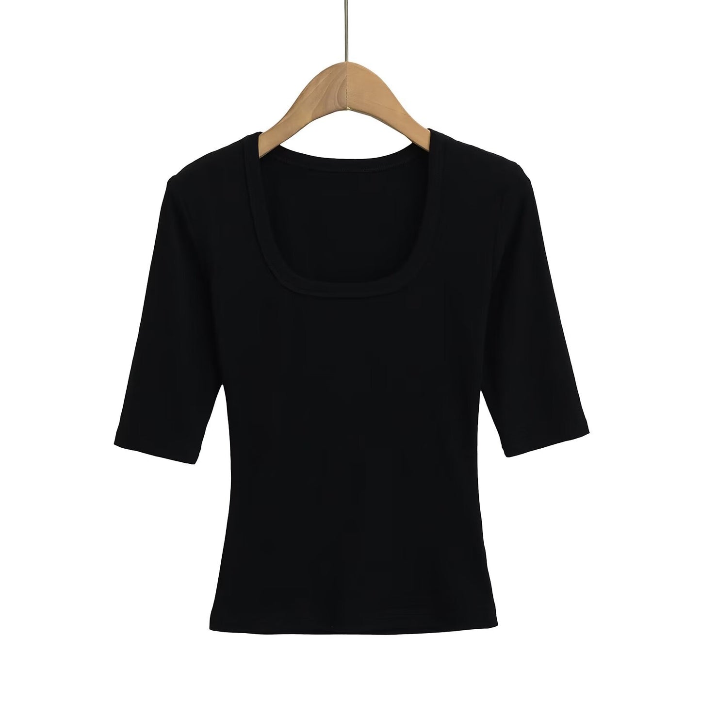 Elastic Fitted U-neck Lockbone Mid-sleeve Tee Shirt