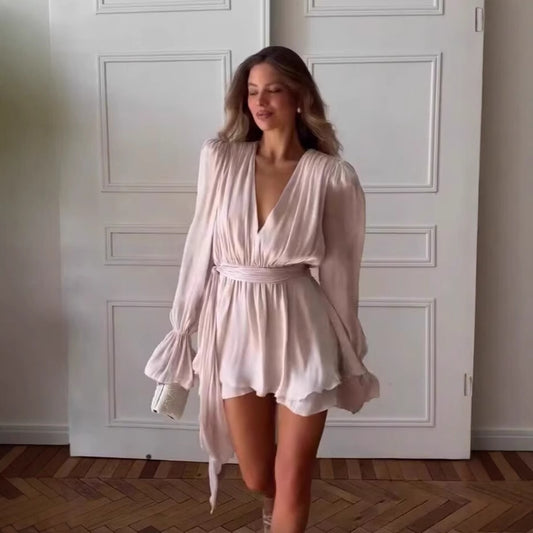 Women's V-neck Flare Sleeve Waist-tied Belted Dress